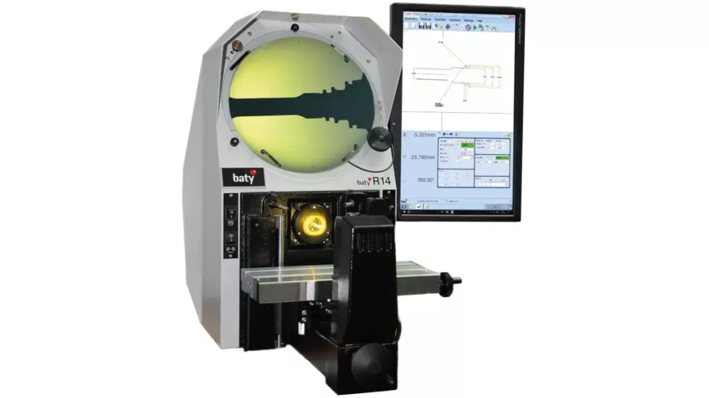 Projektor pomiarowy Baty R14 z ekranem i monitorem Fusion – pomiar wałków, tulei i narzędzi