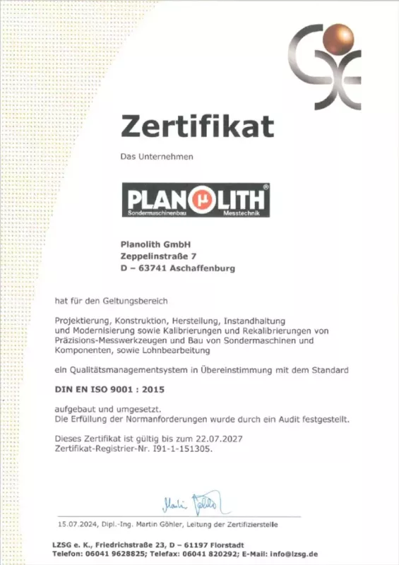 Certyfikat DIN EN ISO 9001:2015 dla PLANOLITH – projektowanie i&nbsp;produkcja przyrządów pomiarowych