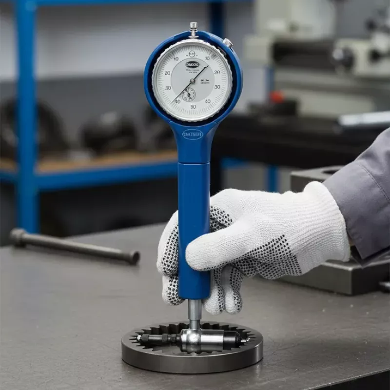 Operator mierzy średnicę wewnętrzną koła zębatego przy użyciu przyrządu Diatest w warunkach produkcyjnych.