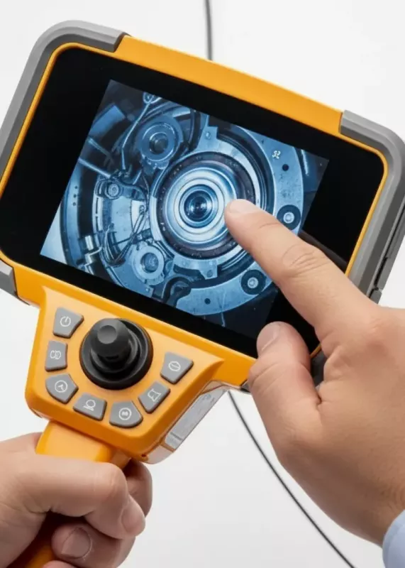 Dłoń operatora obsługuje dotykowy ekran endoskopu RVI Inspector Touch; widoczne joystick i&nbsp;przyciski podczas inspekcji.