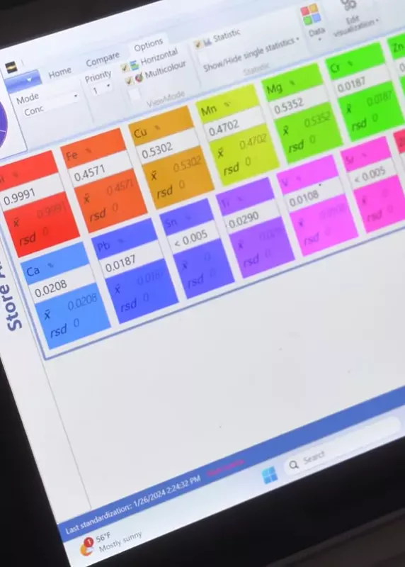 Ekran z&nbsp;wynikami analizy składu chemicznego stopu w&nbsp;spektrometrze ESAPORT PLUS