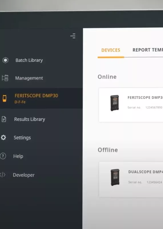 Zrzut ekranu FISIQ T z&nbsp;listą urządzeń FERITSCOPE DMP30 online/offline
