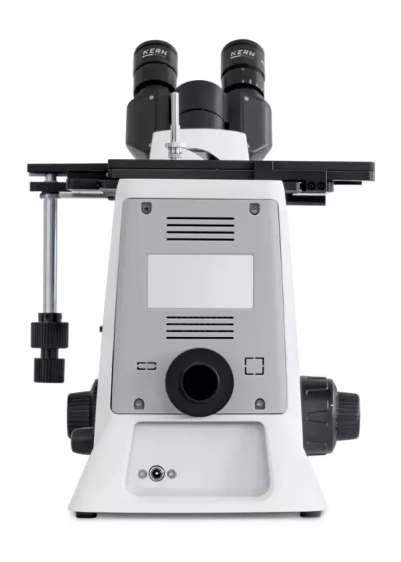 Tył mikroskopu metalograficznego KERN OLM-170 (trinokularowy) – panel i&nbsp;elementy regulacyjne