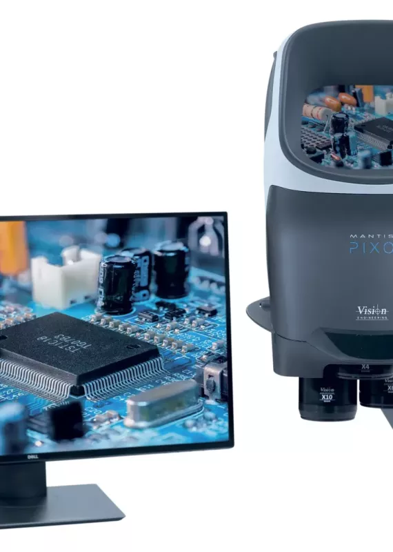 Mikroskop stereoskopowy Mantis PIXO pokazujący płytkę PCB na monitorze