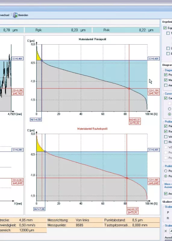 Zrzut ekranu z programu EVOVIS do analizy chropowatości i konturu powierzchni