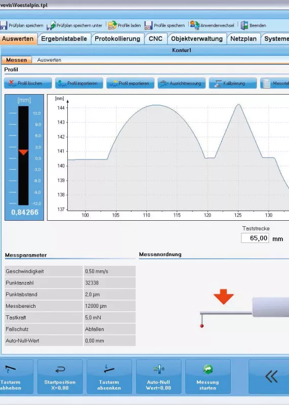 Interfejs oprogramowania Evovis do analizy konturu i&nbsp;chropowatości