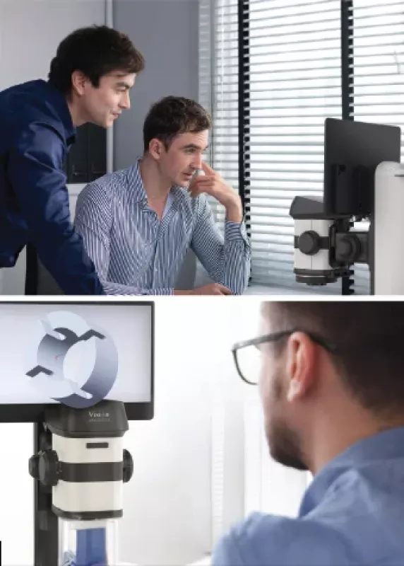 Specjaliści oglądający obraz 3D z&nbsp;mikroskopu cyfrowego ProteQ VISO