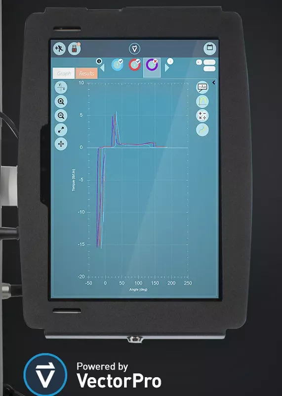 Ekran oprogramowania VectorPro z&nbsp;wykresem wyników pomiaru momentu dla HelixaPro