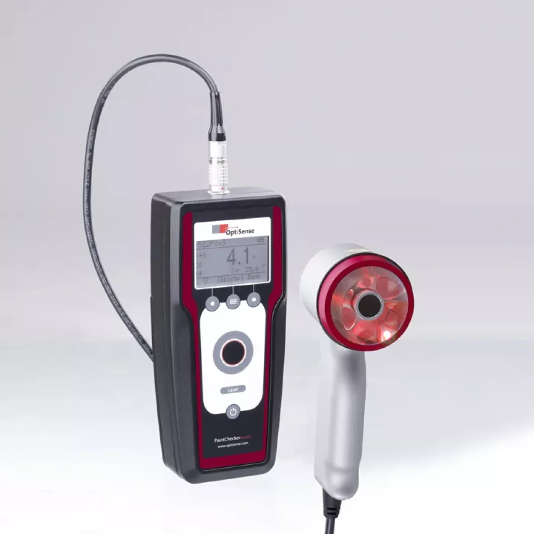 Ręczny miernik grubości powłok OptiSense PaintChecker Mobile z&nbsp;czerwoną głowicą pomiarową