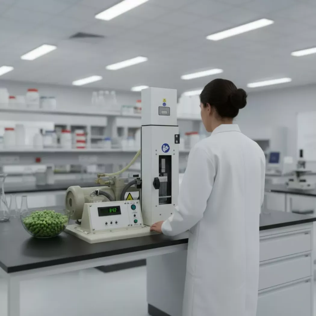 Operator pracuje przy tenderometrze TMS TU w&nbsp;laboratorium, przygotowanie próbki groszku do pomiaru dojrzałości TR.