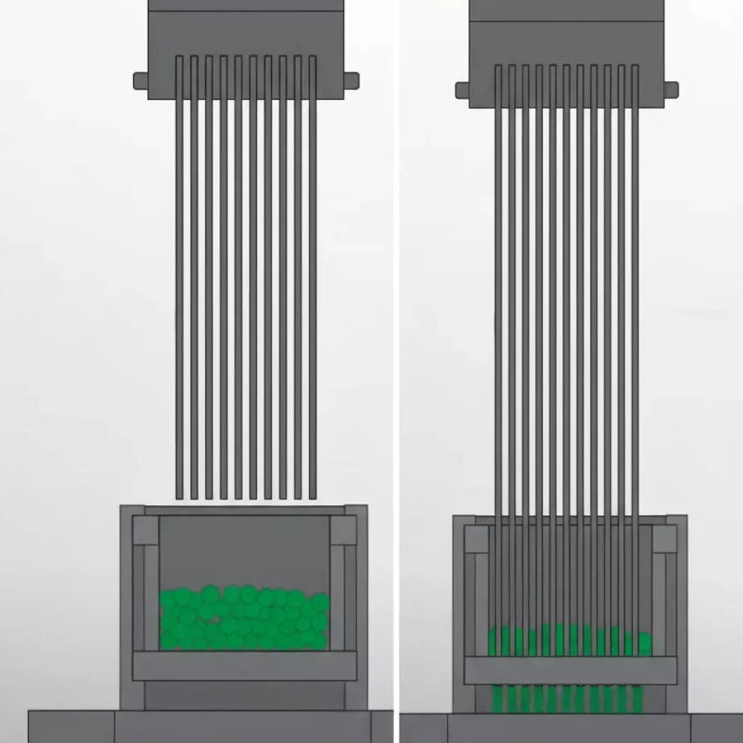 Schemat prasowania groszku w&nbsp;komorze Kramera z&nbsp;10 ostrzami – metoda pomiaru tenderometru TMS TU.