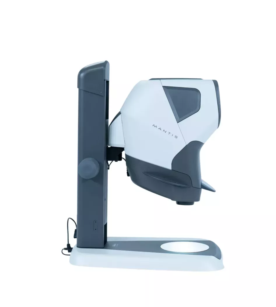 Widok boczny mikroskopu stereoskopowego Mantis IOTA na statywie Stabila