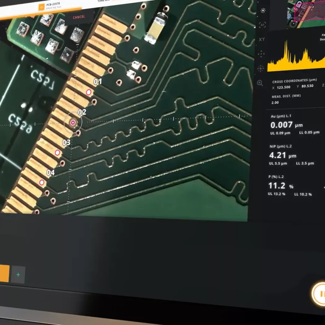 Interfejs FISCHERSCOPE do analizy XRF: pomiary punktowe i&nbsp;wyniki na płytce PCB