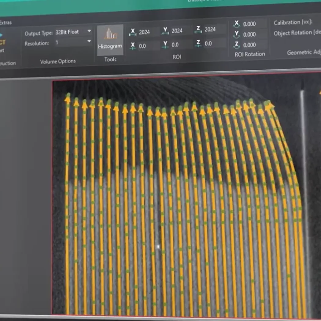 Interfejs oprogramowania mikrotomografu Phoenix V|tome|x M Omni z&nbsp;analizą obrazu CT
