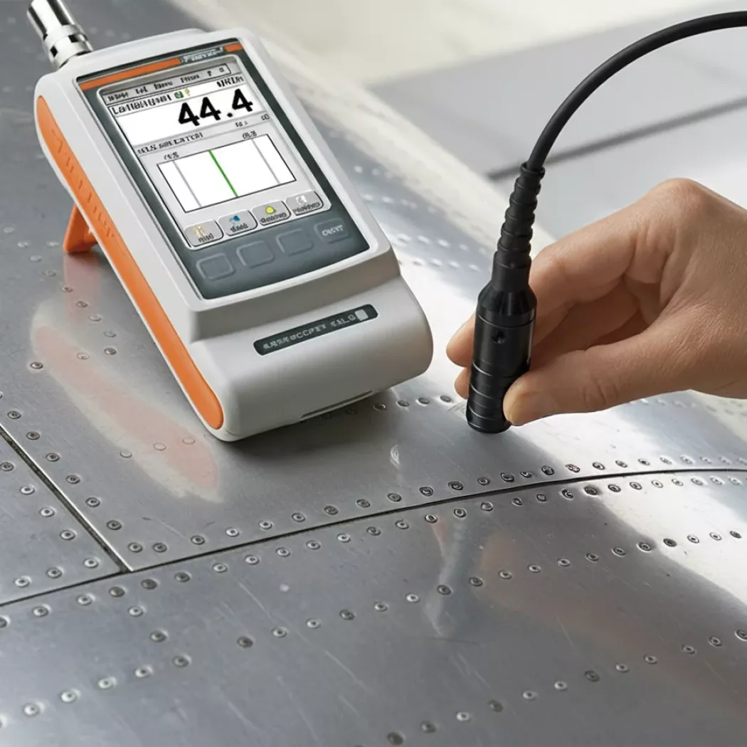 Ręczny pomiar przewodności metalu za pomocą miernika SIGMASCOPE na powierzchni aluminiowej