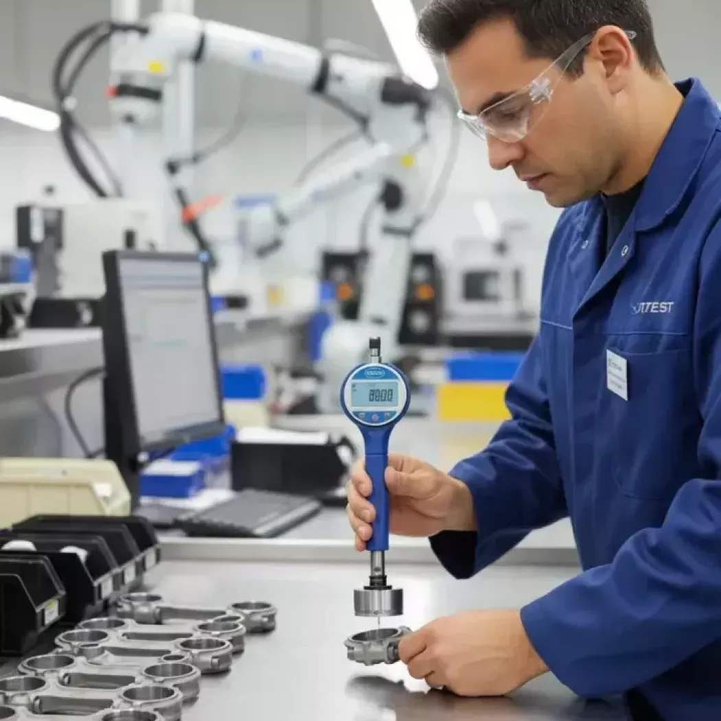 Operator w&nbsp;laboratorium produkcyjnym mierzy średnicę korbowodu przy użyciu głowicy pomiarowej DIATEST BMD.