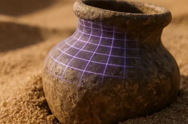 Starożytne naczynie ceramiczne na piasku z&nbsp;nałożoną siatką projekcyjną podczas skanowania 3D w&nbsp;archeologii.