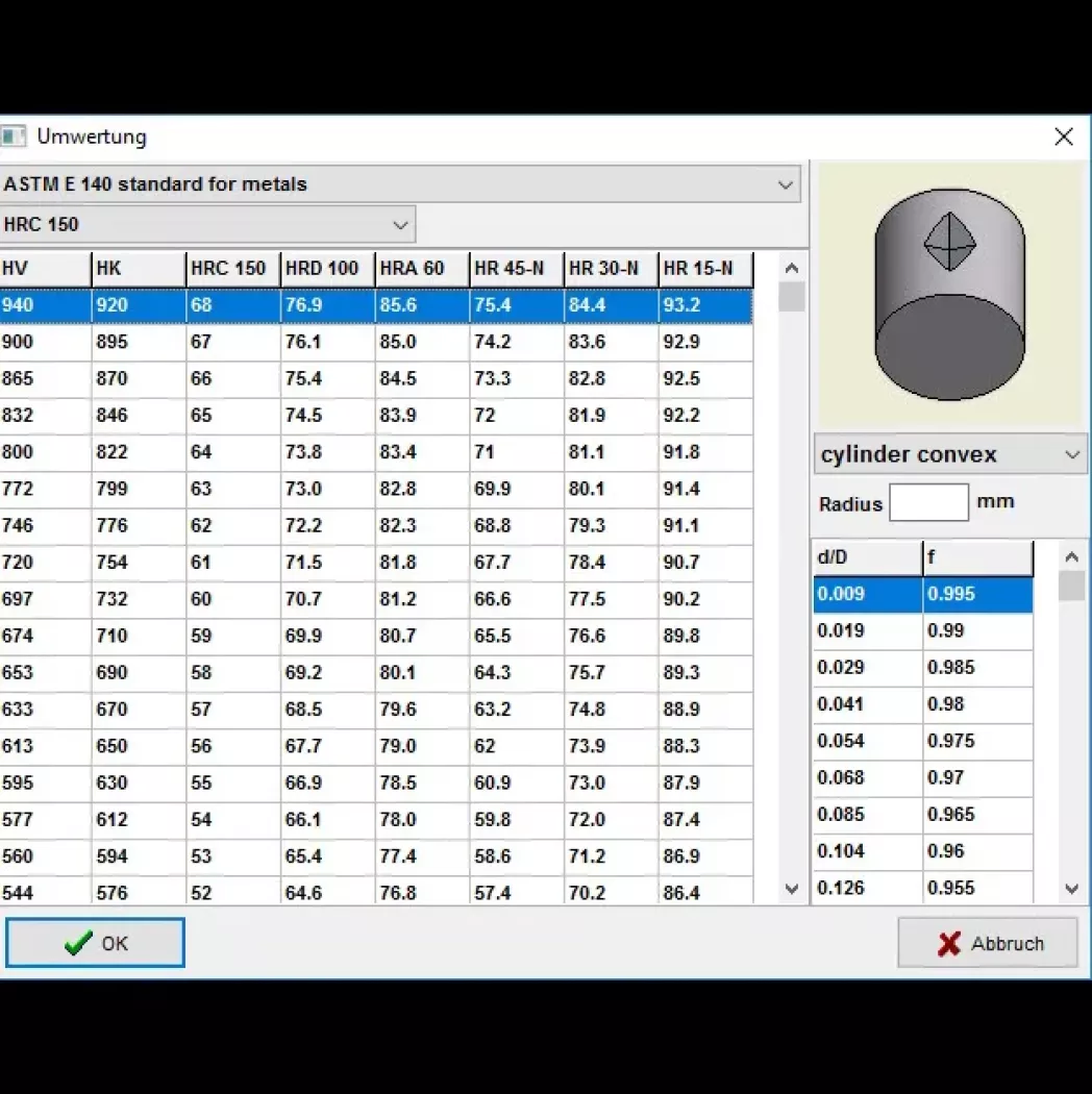 Okno programu: przeliczanie twardości wg ASTM E140 (HV/HRC/HRB) dla wyników mikrotwardościomierza VMHT